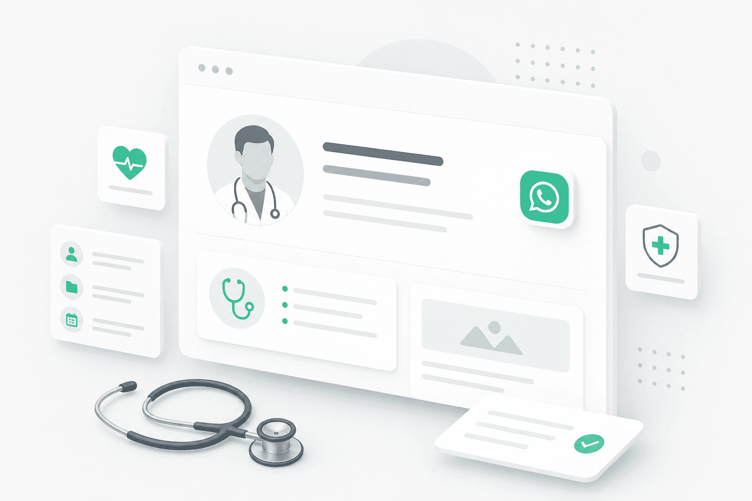 Doctor profile page with WhatsApp booking illustration