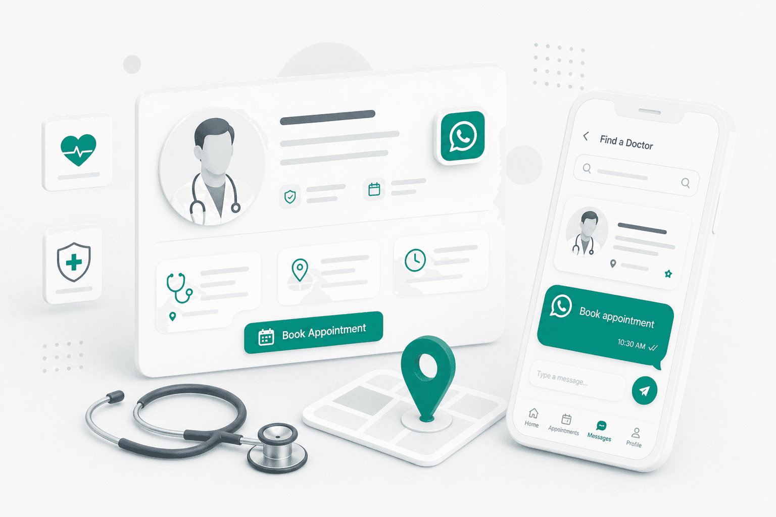 Doctor profile with Google Maps pin, patient search on phone, and WhatsApp booking